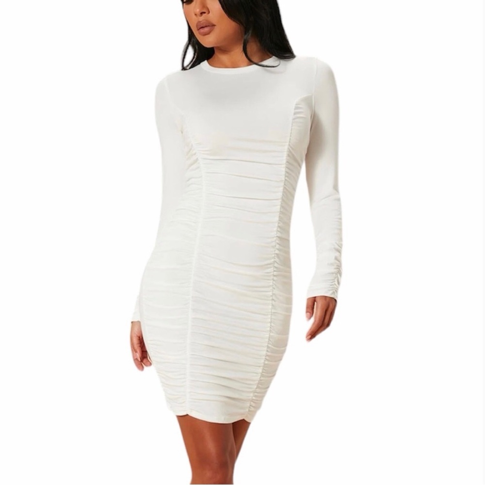 White Mini Ruched Stretch Dress - Picture 3 of 5